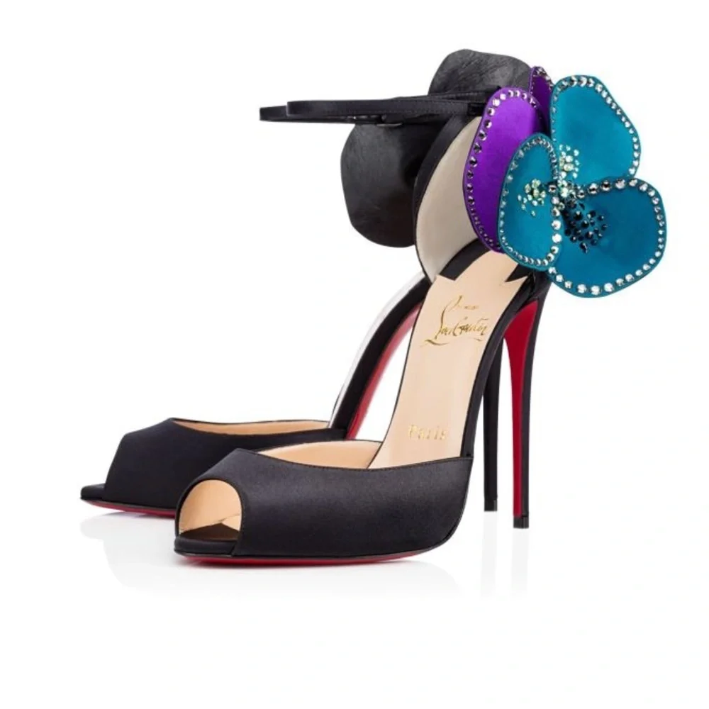 Christian Louboutin pensamoi black satin crystal peep toe stiletto RARE sz 38